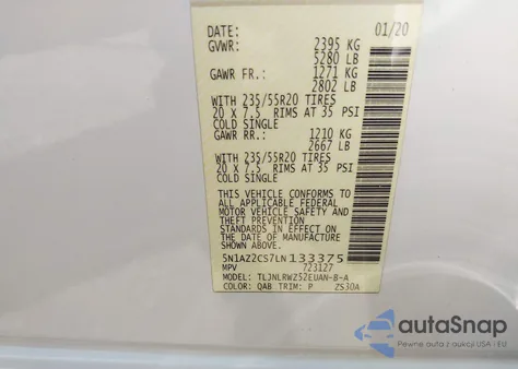 2020 Nissan Murano Sl Intelligent Awd z USA, uszkodzony, nr VIN 5N1AZ2CS7LN133375